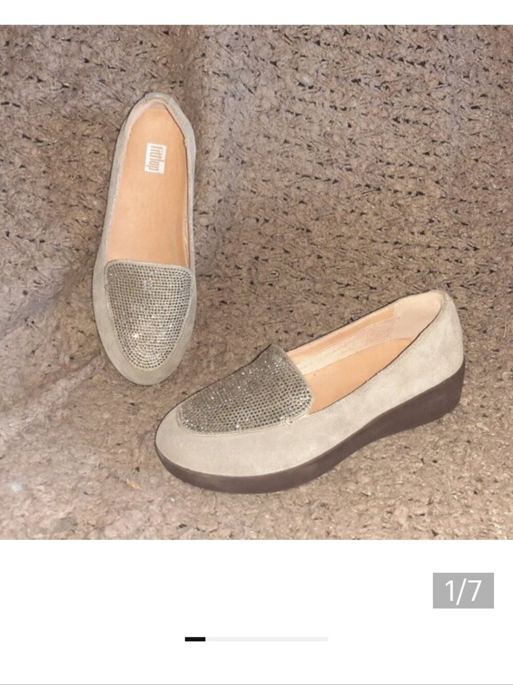 FITFLOP-Crystal Sneaker Suede Rhinestone Slip On Loafers-Timberwolf-Sz 6.5-NWOB